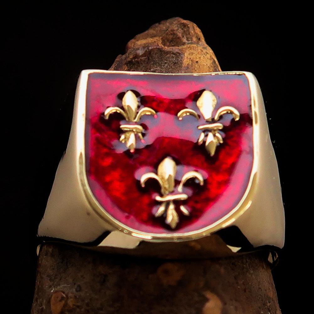 Knights Templar Ring - Red Knight Fleur De Lis Cross Brass - Bricks Masons