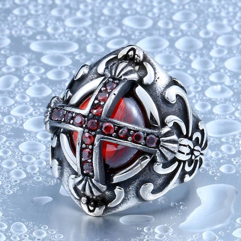 Knights Templar Ring - Red Stone Cross Silver and Gold - Bricks Masons