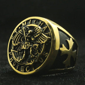 Knights Templar Ring - Saint Michael Protect Us Golden - Bricks Masons
