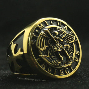 Knights Templar Ring - Saint Michael Protect Us Golden - Bricks Masons