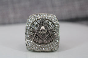 Past Master Blue Lodge Ring - White Gold Plated With Rhinestones - Bricks Masons