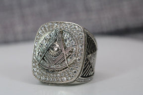 Past Master Blue Lodge Ring - White Gold Plated With Rhinestones - Bricks Masons
