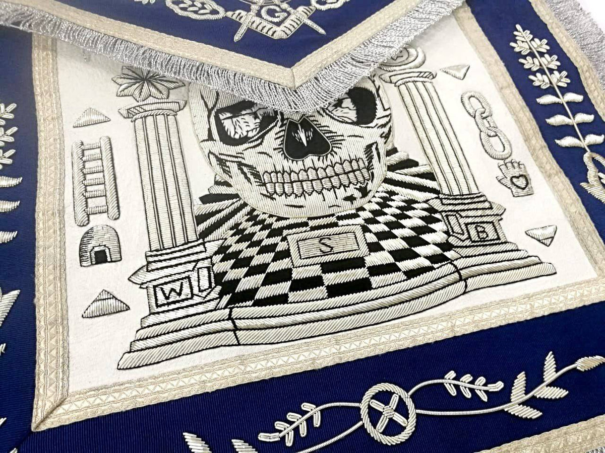 Master Mason Blue Lodge Apron - Skull Pillars Masters Carpet Silver Embroidery - Bricks Masons