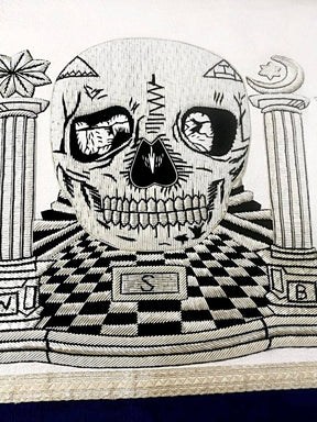 Master Mason Blue Lodge Apron - Skull Pillars Masters Carpet Silver Embroidery - Bricks Masons