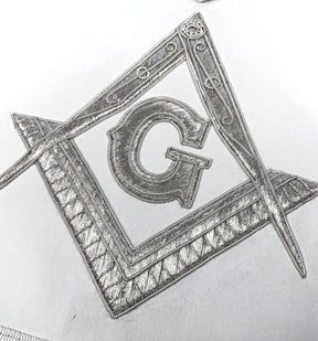 Master Mason Blue Lodge Apron - White Moire Ribbon with Silver Hand Embroidery - Bricks Masons