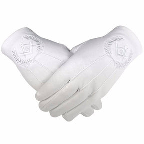 Master Mason Blue Lodge Gloves - All White Cotton Square & Compass G - Bricks Masons