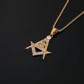 Master Mason Blue Lodge Necklace - Bling Iced Out Gold Color Stainless Steel - Bricks Masons