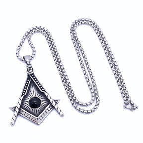 Master Mason Blue Lodge Pendant - Silver Titanium Steel Black Stone - Bricks Masons