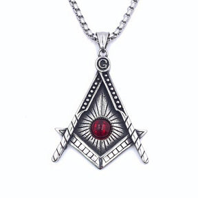 Master Mason Blue Lodge Pendant - Silver Titanium Steel Red Stone - Bricks Masons