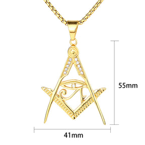 Master Mason Blue Lodge Pendant - Titanium Steel Gold Plated Square & Compass With Eye Of Horus - Bricks Masons
