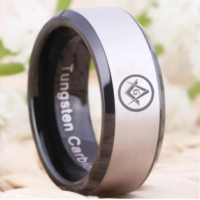 Master Mason Blue Lodge Ring - Black Beveled Tungsten Personalizable - Bricks Masons