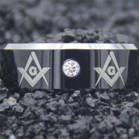 Master Mason Blue Lodge Ring - Black Silver Bevel With CZ Stone - Bricks Masons
