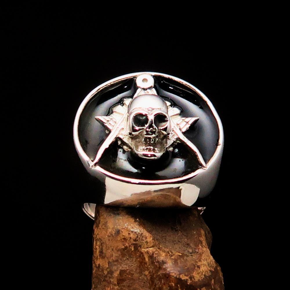 Master Mason Blue Lodge Ring - Black Sterling Silver With Skull Square and Compass - Bricks Masons