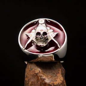 Master Mason Blue Lodge Ring - Red Sterling Silver With Skull Square Compass - Bricks Masons
