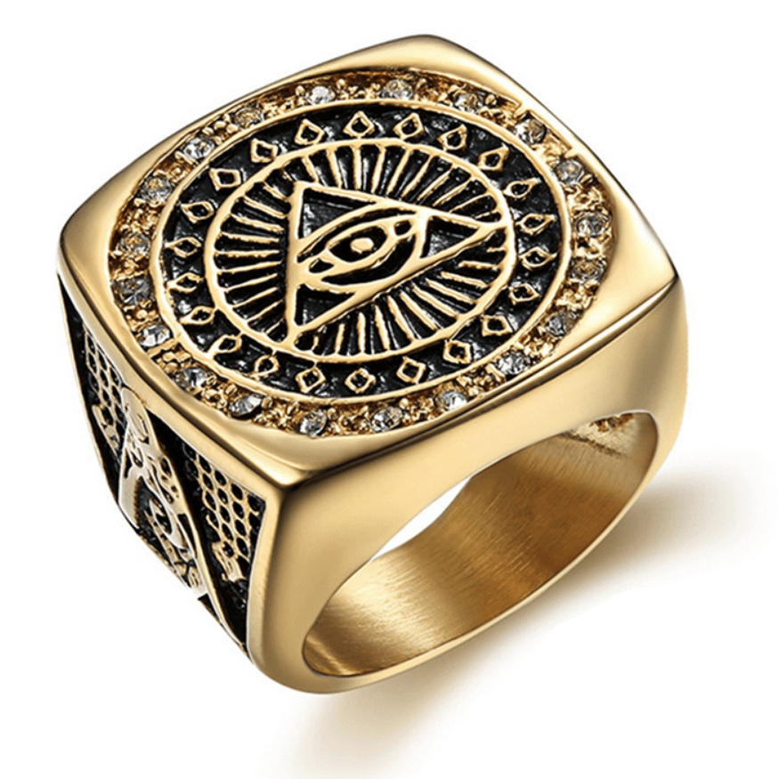 Master Mason Blue Lodge Ring - with Pyramid Crystal Gold Color - Bricks Masons