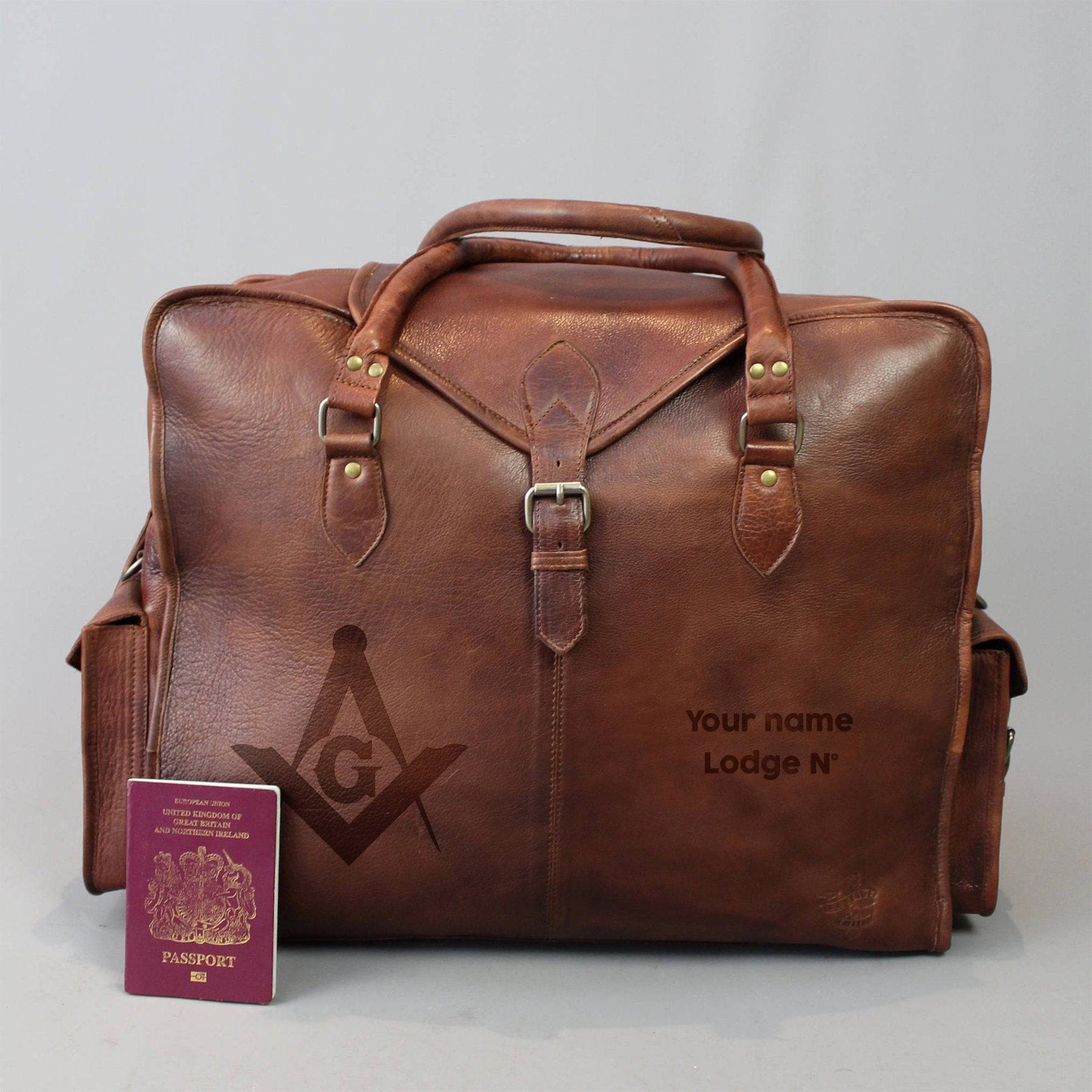 Master Mason Blue Lodge Travel Bag - Genuine Brown Leather - Bricks Masons