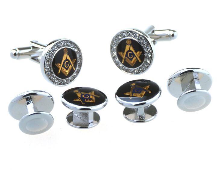 Master Mason Blue Lodge Tuxedo Stud - Silver Round Zirconia 6 Pieces Set - Bricks Masons