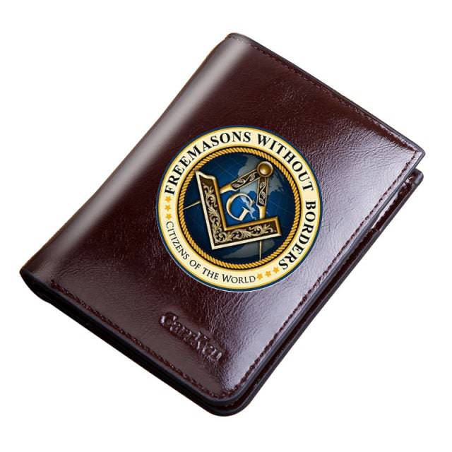 Master Mason Blue Lodge Wallet - Freemasons Without Borders Genuine Leather Black/Coffee - Bricks Masons