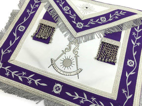 Past Master Blue Lodge Apron - White & Purple with Silver Machine Embroidery - Bricks Masons