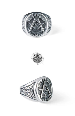 Past Master Blue Lodge Ring - 925 Sterling Silver Square & Compass G - Bricks Masons