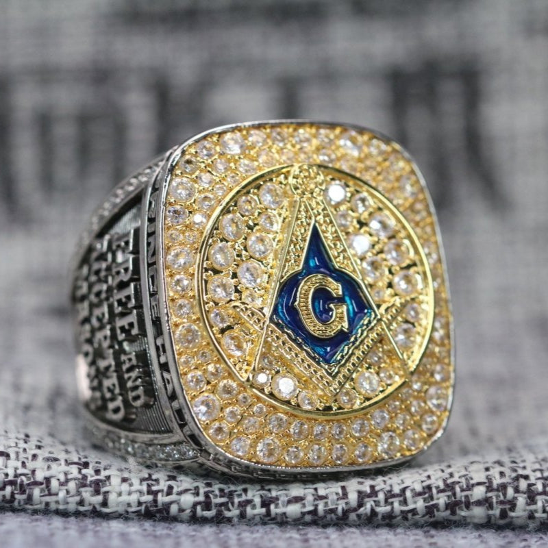 Master Mason Blue Lodge Ring - Prince Hall Gold Face With Rhinestones - Bricks Masons