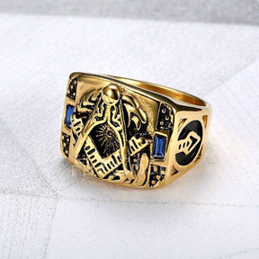 Master Mason Blue Lodge Ring - Compass And Square Golden and Blue Pearls