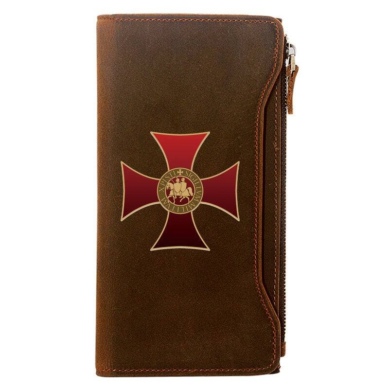 Knights Templar Commandery Wallet - Genuine Brown Leather Red Cross