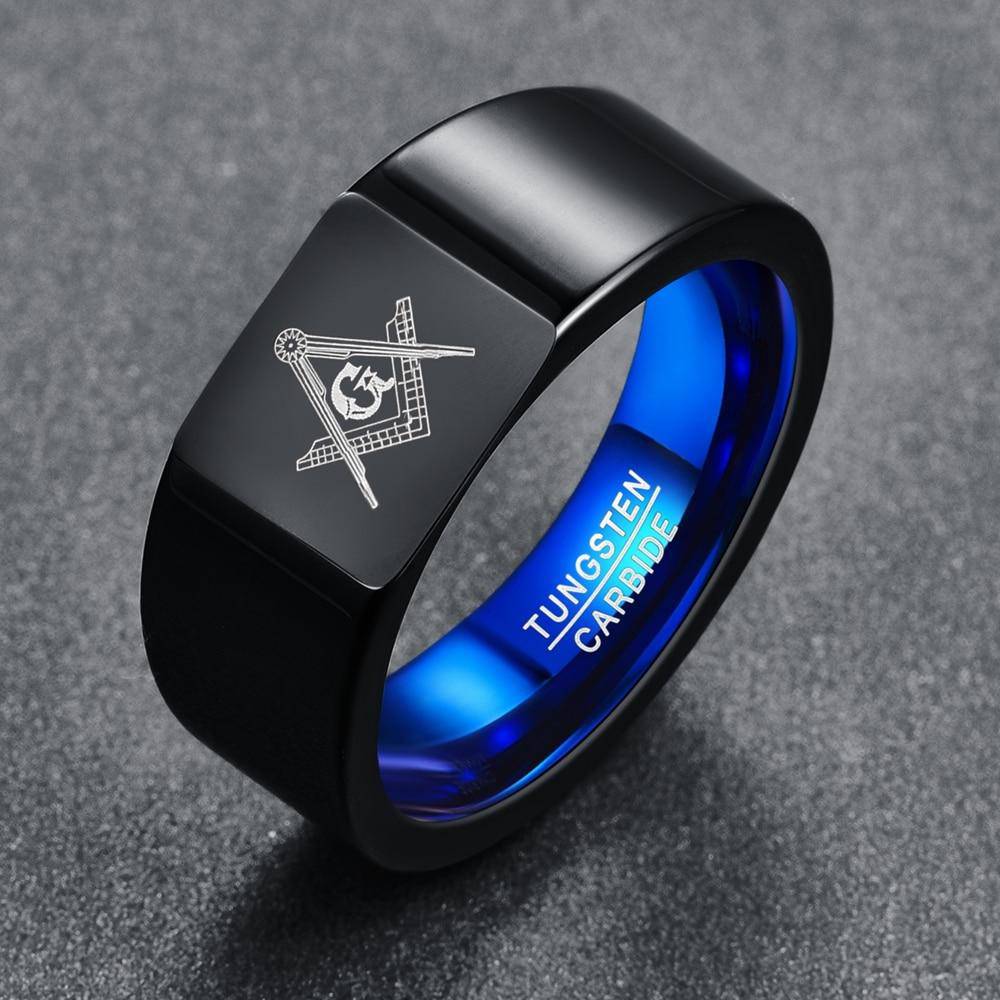 Master Mason Blue Lodge Ring - Black & Blue Tungsten Personalizable