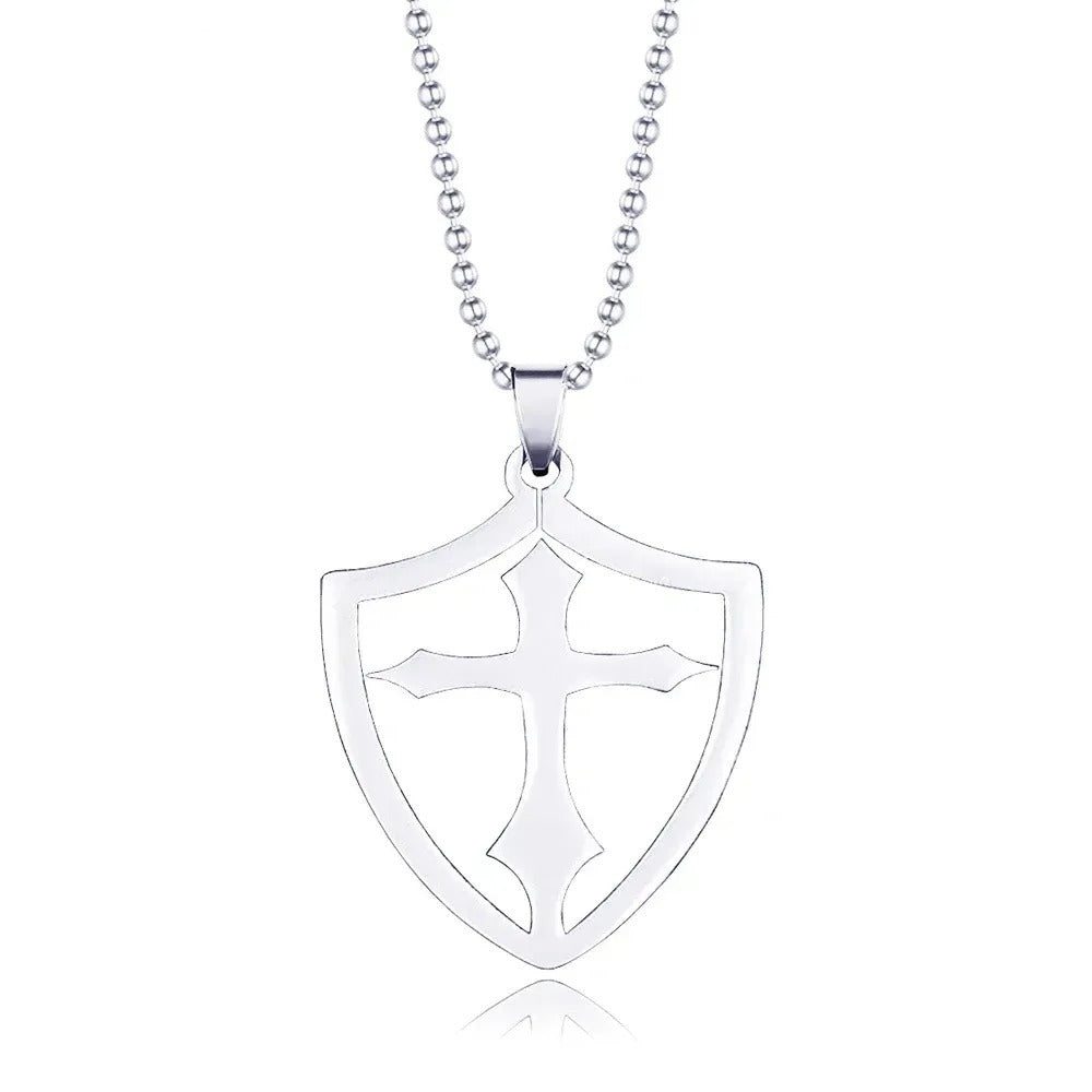 Knights Templar Commandery Necklace - Silver Stainless Steel Cross Shield - Bricks Masons