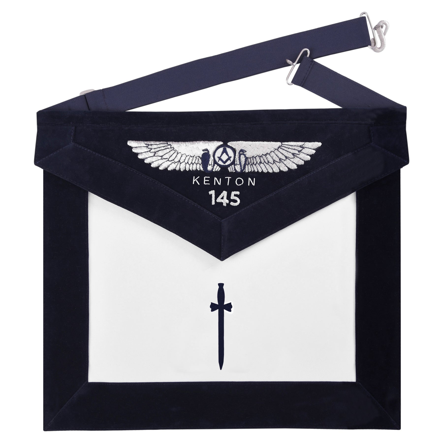 Tyler Blue Lodge Officer Apron - Kenton Lodge Navy Velvet With Silver Embroidery Thread - Bricks Masons