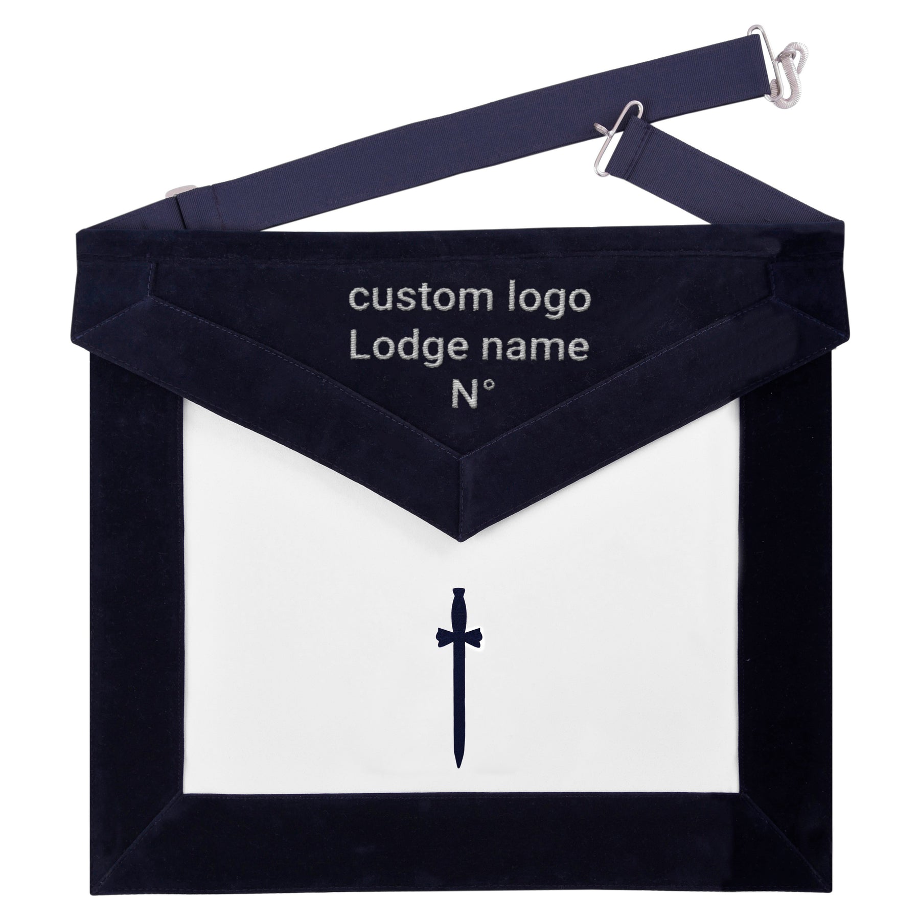 Tyler Blue Lodge Officer Apron - Navy Velvet With Silver Embroidery Thread - Bricks Masons
