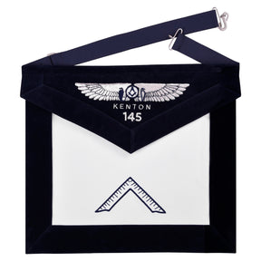 Worshipful Master Blue Lodge Officer Apron - Kenton Lodge Navy Velvet With Silver Embroidery Thread - Bricks Masons