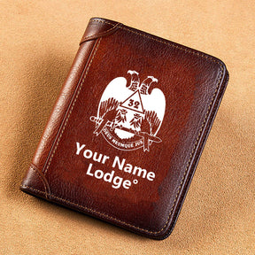 32nd Degree Scottish Rite Wallet - Wings Down Brown Leather - Bricks Masons