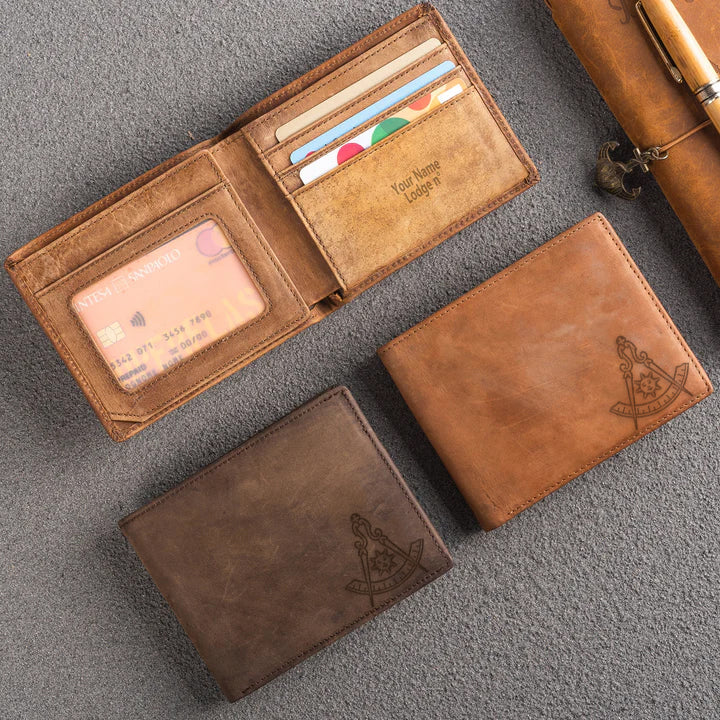 Handmade Leather Past Master Blue Lodge California Regulation Wallet - Light & Dark Brown - Bricks Masons