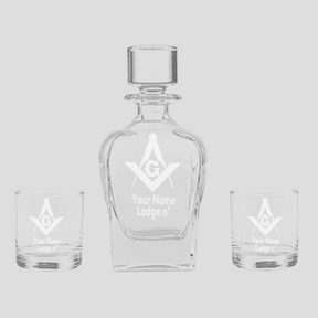 Master Mason Blue Lodge Decanter - 2 Whiskey Tumbler Glasses Set - Bricks Masons