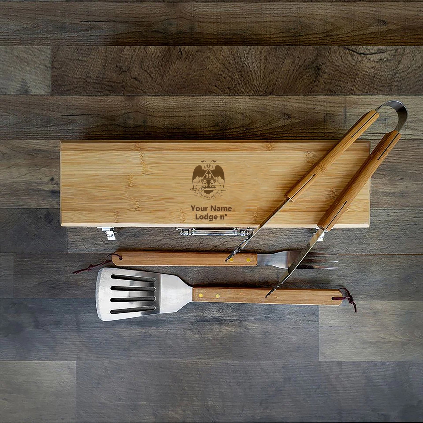 32nd Degree Scottish Rite Grill Tool - Wings Down BBQ Set & Bamboo Case - Bricks Masons