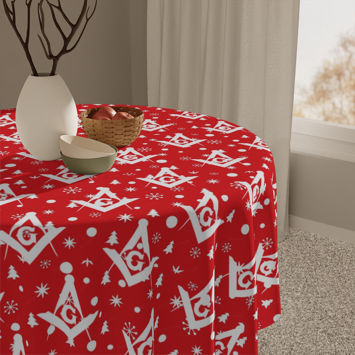 Master Mason Blue Lodge Tablecloth - White and Red for Christmas - Bricks Masons