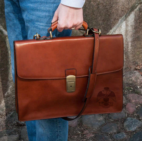 33rd Degree Scottish Rite Briefcase - Wings Down Brown Leather - Bricks Masons