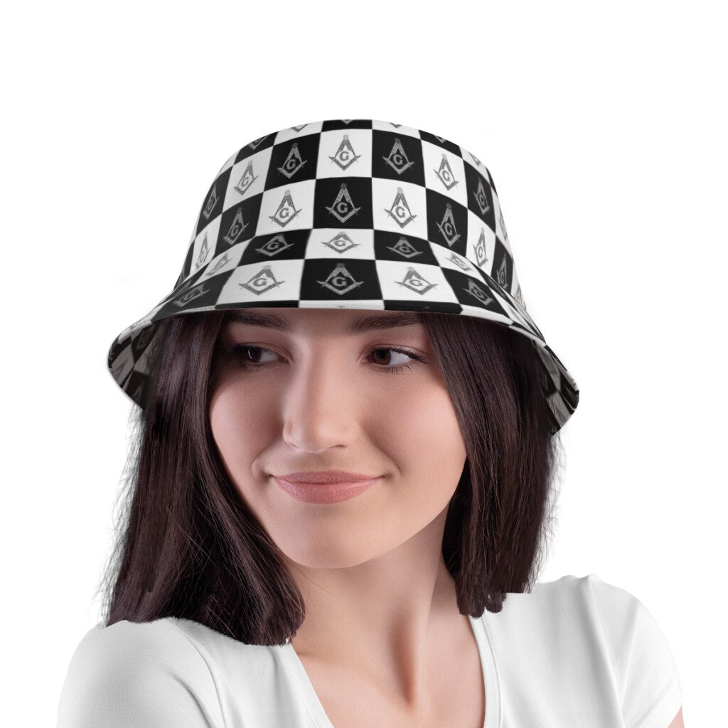 Master Mason Blue Lodge Bucket Hat - Square and Compass G Checkered - Bricks Masons