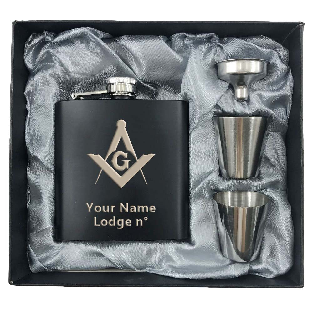 Master Mason Blue Lodge Flask - 2 Shot Glasses & Funnel - Bricks Masons