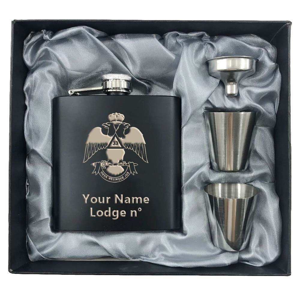 33rd Degree Scottish Rite Flask - Wings Down 2 Shot Glasses & Funnel - Bricks Masons