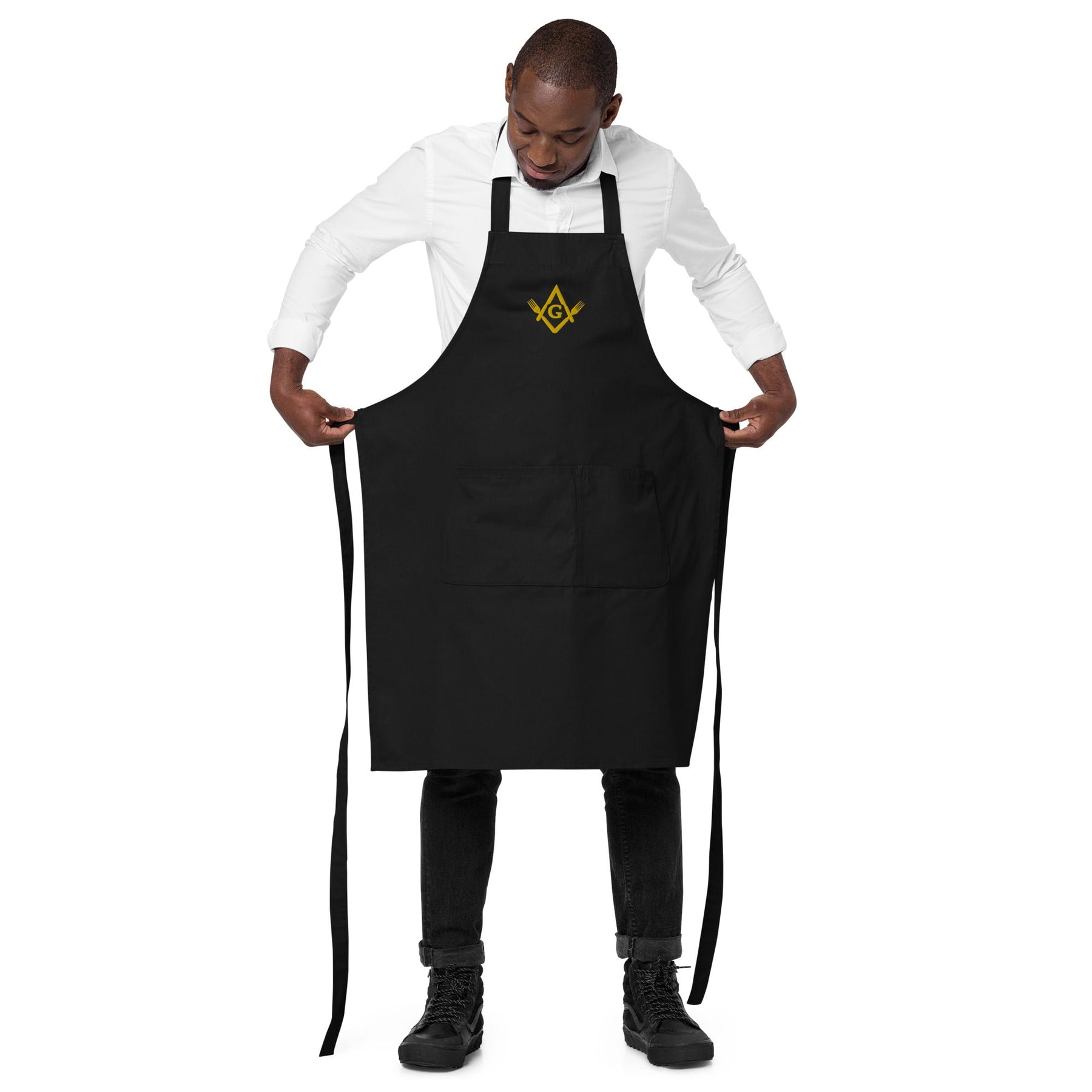 Master Mason Bllue Lodge Kitchen Apron - Fork Square and Compass G Embroidery - Bricks Masons