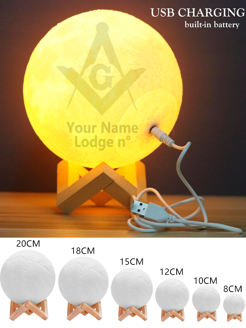 Master Mason Blue Lodge Lamp - 3D Moon Various Colors - Bricks Masons