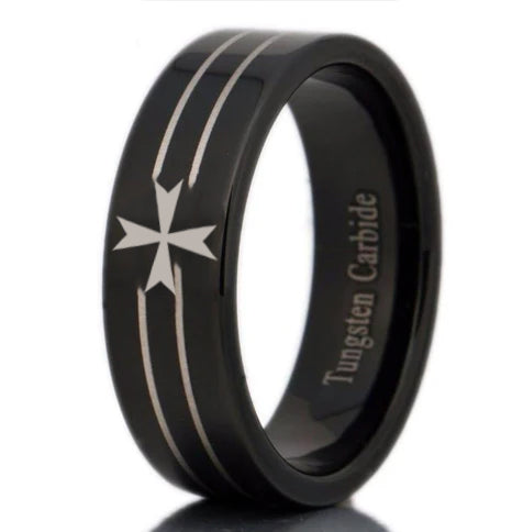 Order of Malta Commandery Ring - Black Tungsten - Bricks Masons