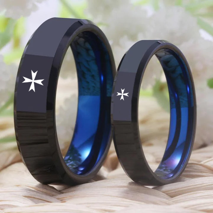 Order of Malta Commandery Ring - Black With Blue Tungsten - Bricks Masons
