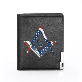Master Mason Blue Lodge Wallet - Square and Compass G United States Flag & Credit Card Holder (Black & Brown) - Bricks Masons